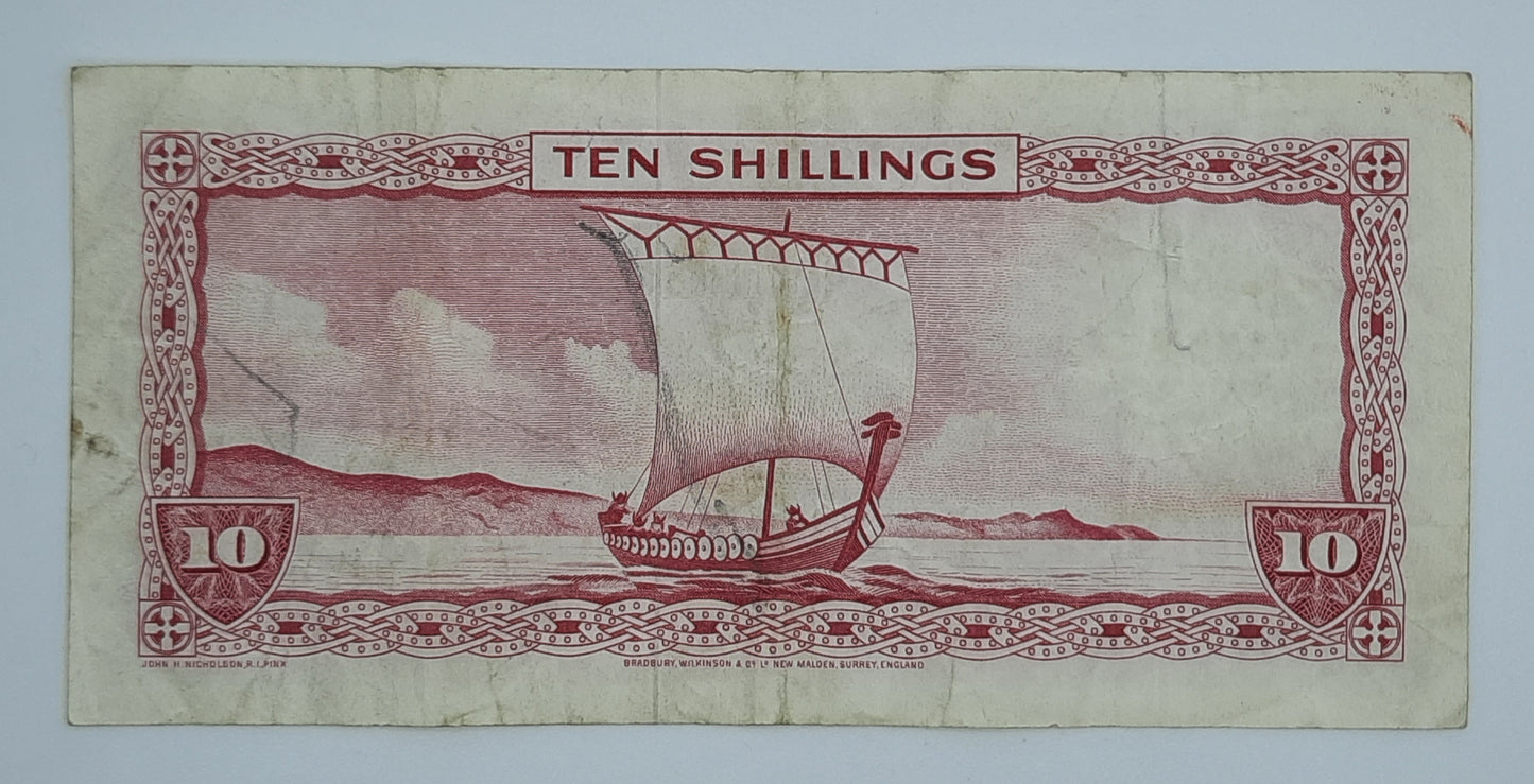 1961 Isle of Man Government - 10 (Ten) Shillings Manx Banknote Serial No. 376725 P-24a