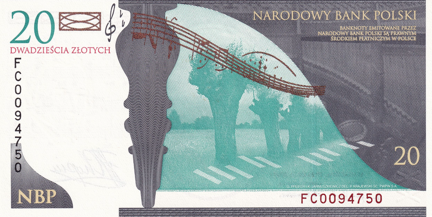 2009 Narodowy Bank Polski, Poland - 20 Polish Zlotych PLN Banknote Fryderyk Chopin '200th Anniversary of Birth'