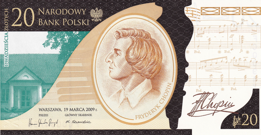 2009 Narodowy Bank Polski, Poland - 20 Polish Zlotych PLN Banknote Fryderyk Chopin '200th Anniversary of Birth'