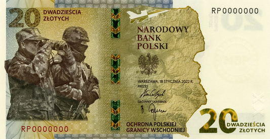 2022 Narodowy Bank Polski, Poland - 20 Polish Zlotych PLN Banknote 'Protection of the Eastern Border'