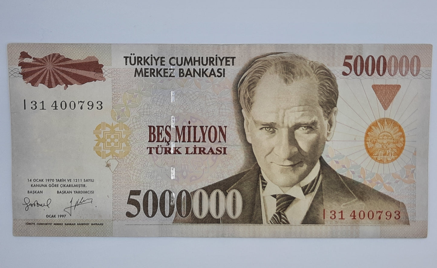 1997 Central Bank of TURKEY - 5 Million Turkish Lira Banknote No. I31 400793