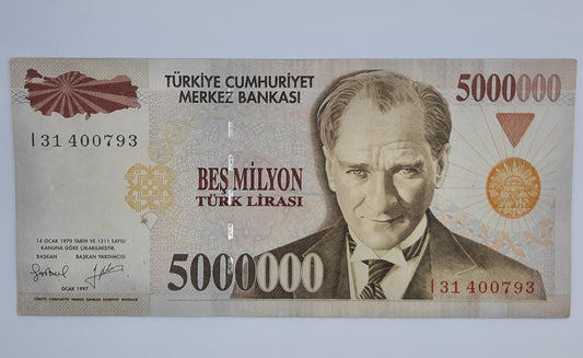 1997 Central Bank of TURKEY - 5 Million Turkish Lira Banknote No. I31 400793