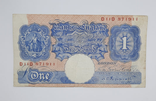 1940 - Bank of England, UK - £1 (One) British Pound Banknote Serial No. D11D 871911 - Peppiatt