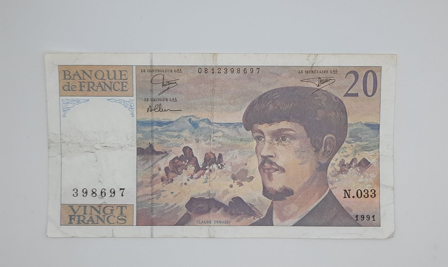 1991 Banque De France - 20 (Twenty) French Francs Banknote Serial No. N.033 398697