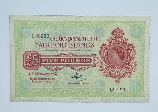 1975 - Falkland Islands Government - £5 (Five) Falkland Pounds FKP Banknote Serial No. C 90220 Pick 9B