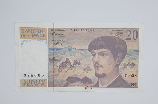 1993 Banque De France - 20 (Twenty) French Francs Banknote Serial No. O.038 978605