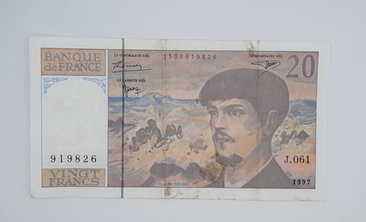 1997 Banque De France - 20 (Twenty) French Francs Banknote Serial No. J061 919826