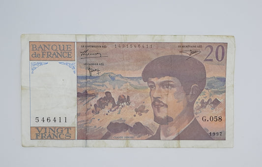 1997 Banque De France - 20 (Twenty) French Francs Banknote Serial No. G058 546411