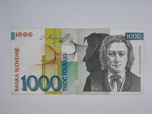 1993 Banka Slovenije, SLOVENIA - 1000 Slovenian Tolarjev Banknote Serial No. CP 766980