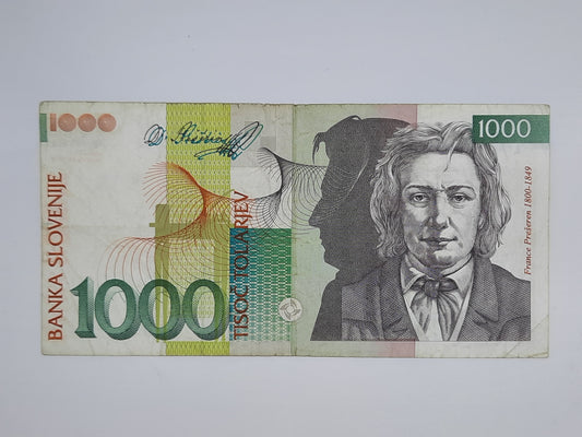 1992 Banka Slovenije, SLOVENIA - 1000 Slovenian Tolarjev Banknote Serial No. AP 053629