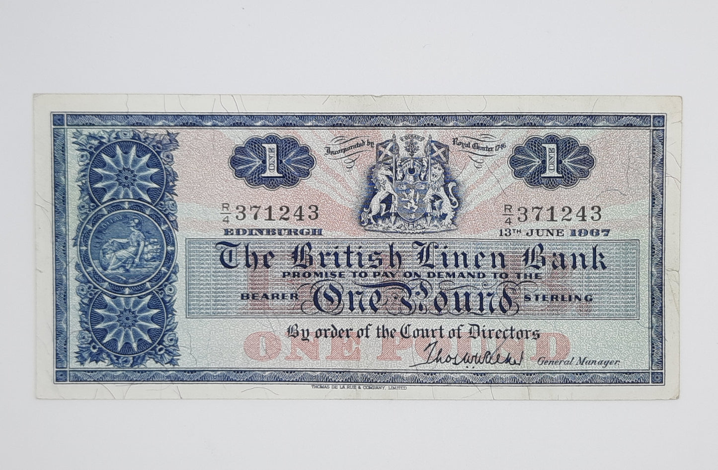 1967 The British Linen Bank, Scotland UK - £1 (One) Scottish Pound Banknote Serial No. R4 371243