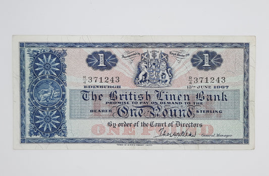 1967 The British Linen Bank, Scotland UK - £1 (One) Scottish Pound Banknote Serial No. R4 371243