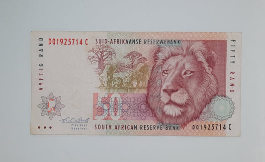 1992 South African Reserve Bank / 50 Rand ZAR Banknote, Bill No. DQ 1925714 C South Z