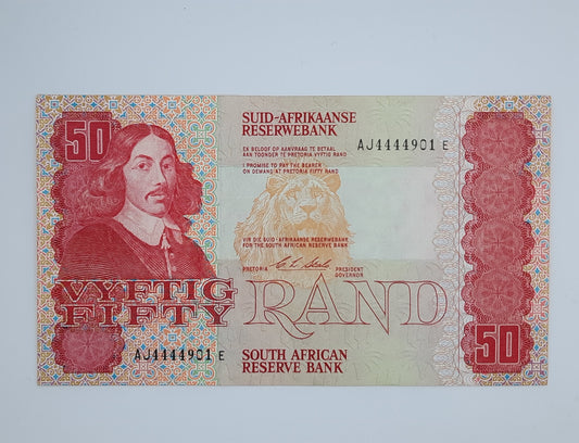 1990 South African Reserve Bank / 50 Rand ZAR Banknote, Bill No. AJ 4444901 E South Africa Rand