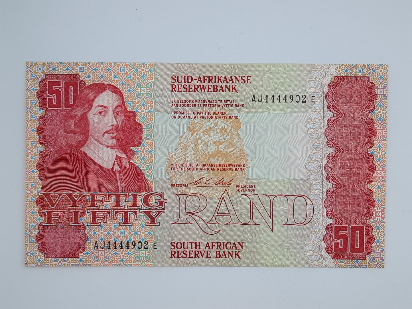 1990 South African Reserve Bank / 50 Rand ZAR Banknote, Bill No. AJ 4444902 E South Africa Rand