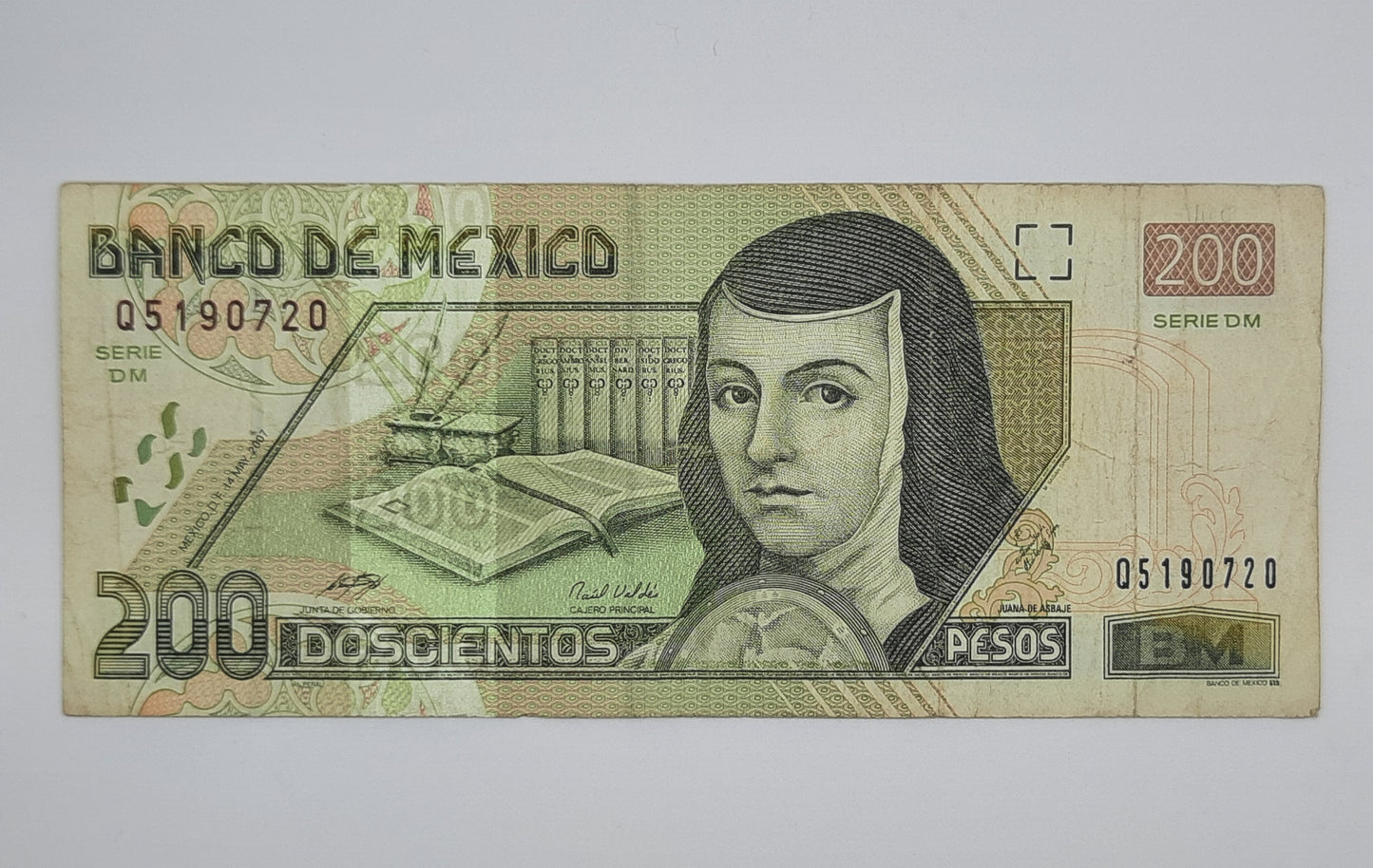 2007 El Banco De Mexico - 200 Mexican Pesos Banknote, Serial No. DM Q 5190720