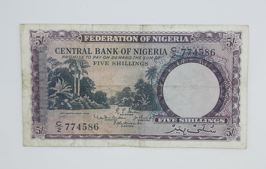 1958 Federation of NIGERIA - 5 (Five) Nigerian Shillings Banknote Serial No. C2 774586