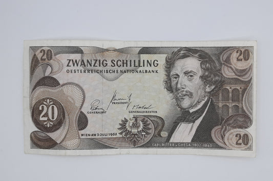 1967 Austria, Austrian National Bank - 20 Austrian Schilling Banknote No. T 082678 B P-142