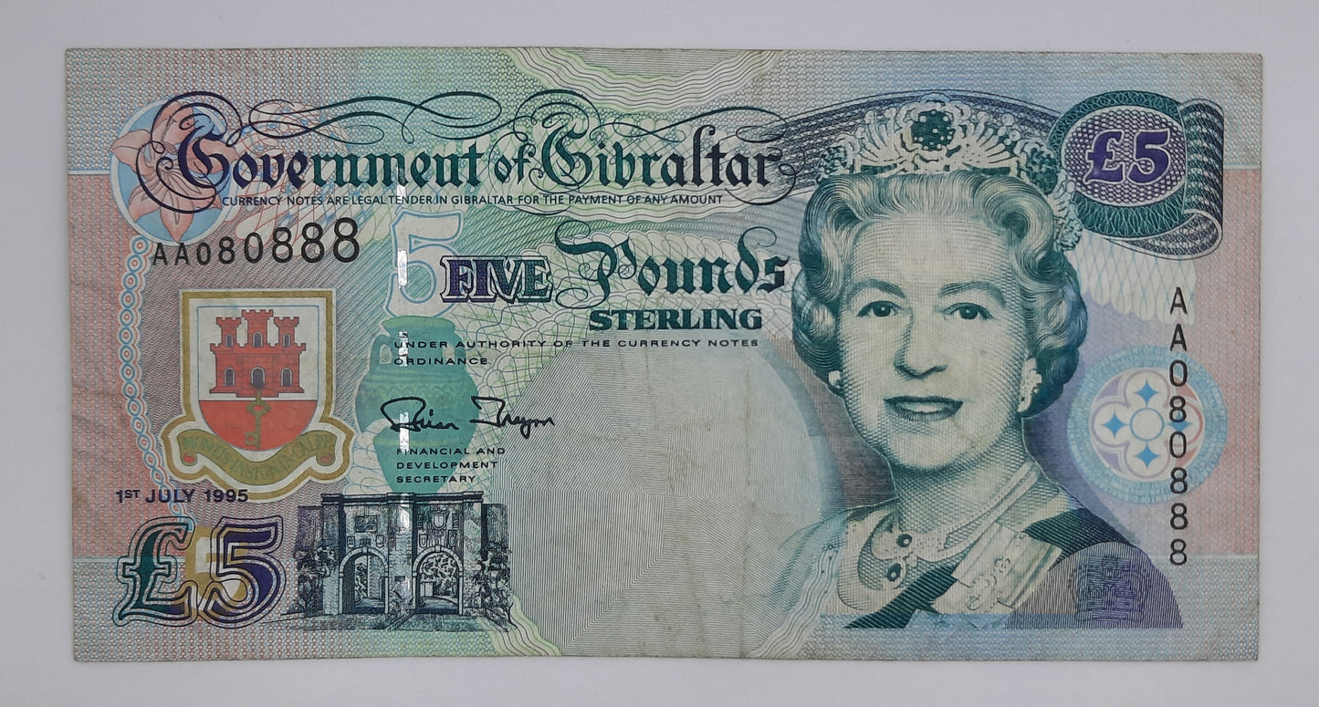1995 - Government of Gibraltar - £5 (Five) Gibraltar Pounds Banknote First Run Serial No. AA 080888