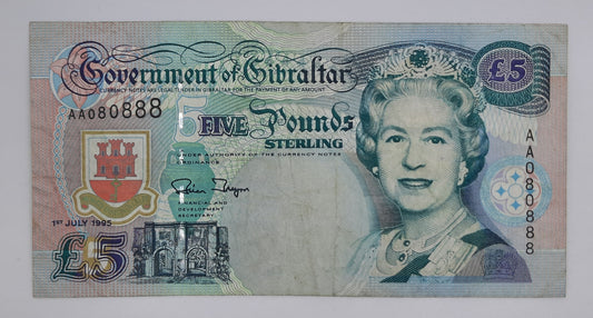 1995 - Government of Gibraltar - £5 (Five) Gibraltar Pounds Banknote First Run Serial No. AA 080888