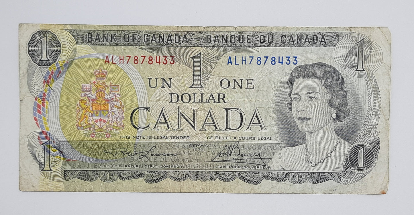 1973 Bank of Canada /  Banque Du Canada - 1 (One) Canadian Dollar CAD Banknote Serial No. ALH 7878433
