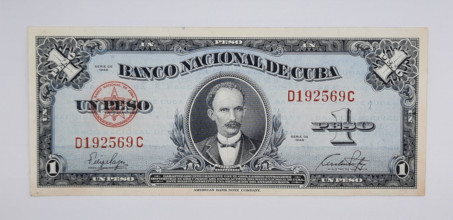 1949 Banco Nacional De Cuba - 1 (One) Peso Banknote Serial No. D 1925XX C P-75