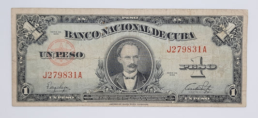 1949 Banco Nacional De Cuba - 1 (One) Peso Banknote Serial No. J 279831 A P-75
