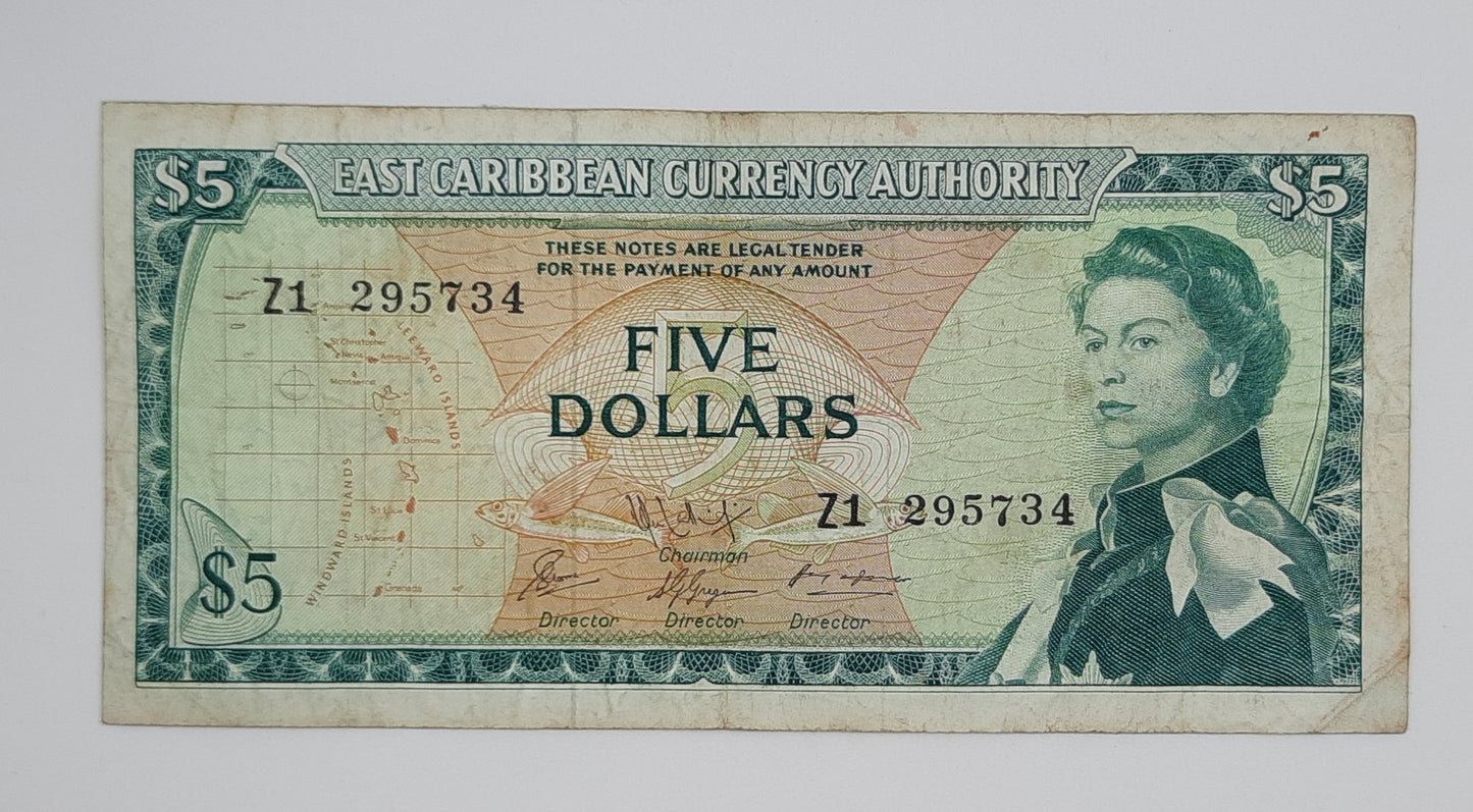 1965 Eastern Caribbean Currency Authority  - $5 Dollars Banknote REPLACEMENT Banknote Serial No Z1 295734