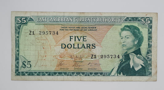 1965 Eastern Caribbean Currency Authority  - $5 Dollars Banknote REPLACEMENT Banknote Serial No Z1 295734