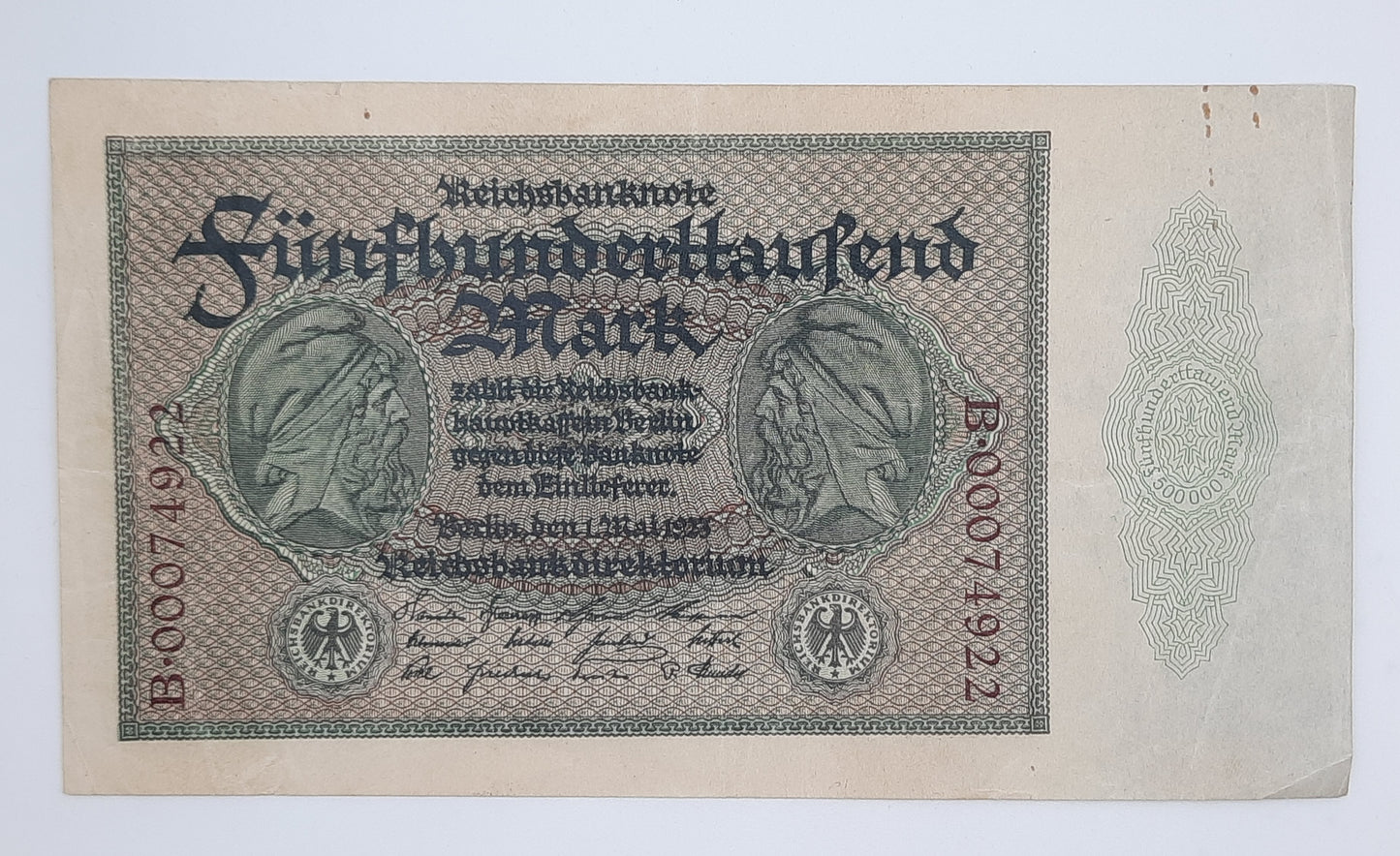 1923 Weimarer Republic / Germany - 500000 German Mark Banknote Serial No. B 00074922 P-88