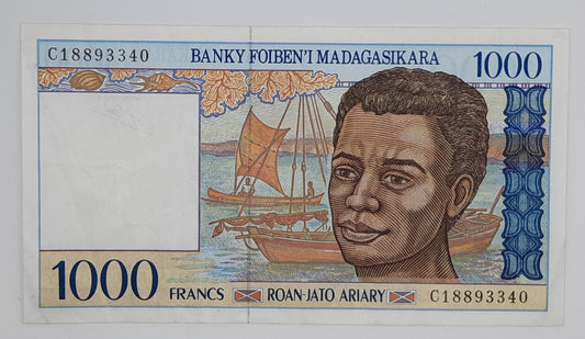 1995 Banki Foiben'i Madagascar (Central Bank of Madagascar)- 1000 Francs Banknote, Serial No. C 18893340 P-76