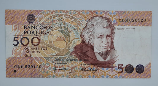 1992 Banco De PORTUGAL - 500 Portuguese Escudos Banknote Serial No. CDH 620120 P-180d