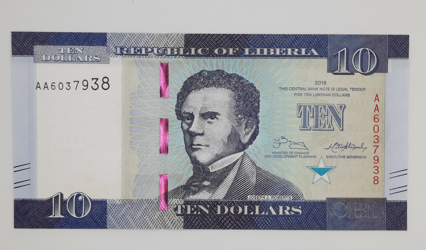 2016 Republic of Liberia - 10 (Ten) Liberian Dollars Serial No. AA 6037938 P-32a