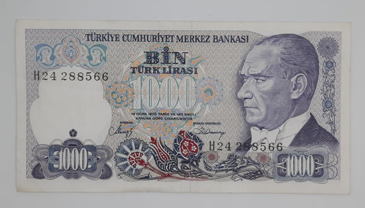 1988 Central Bank of TURKEY - 1000 Lira Banknote Serial No. H24 288566 P-196