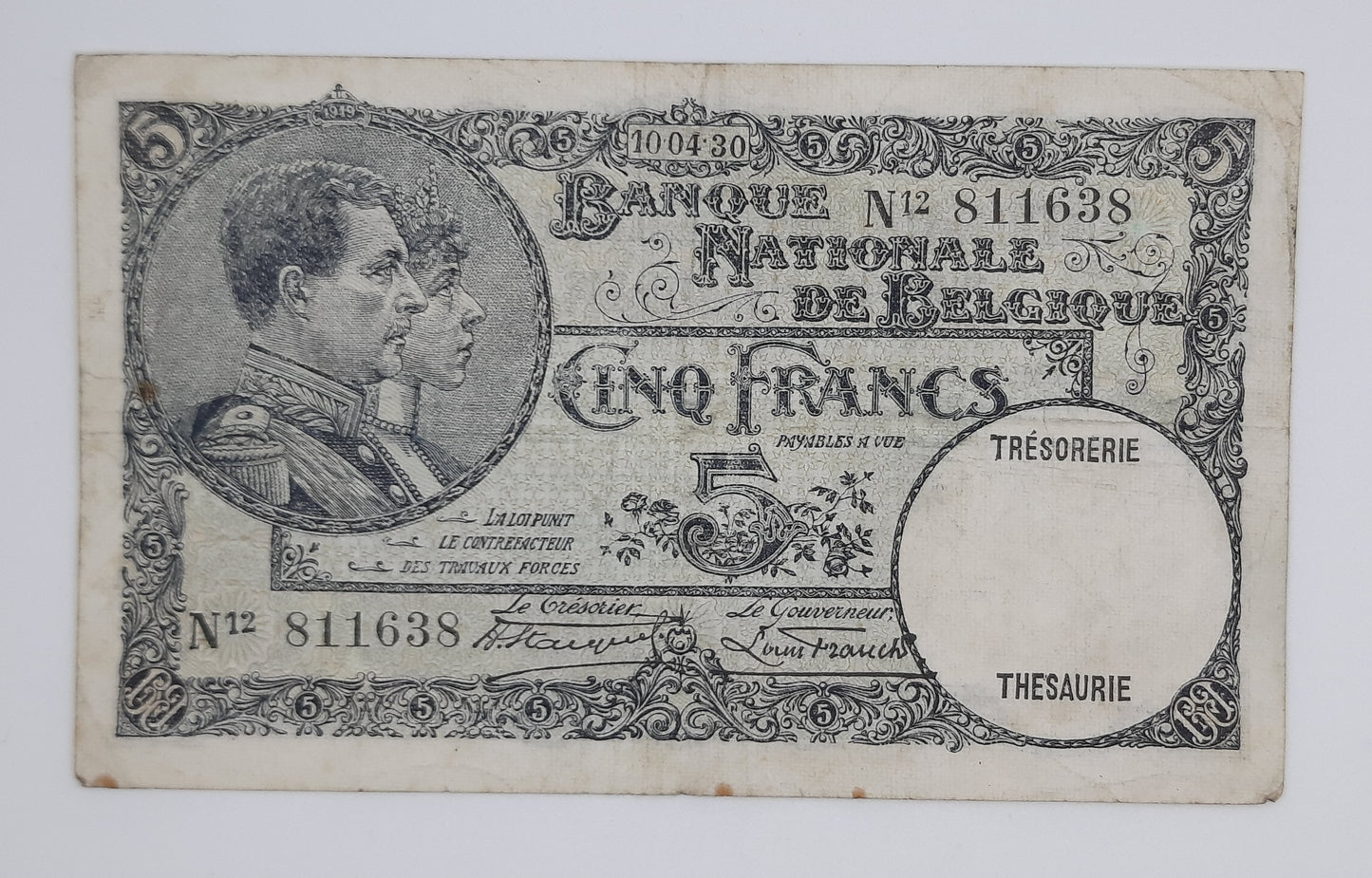 1930 Belgium, Banque Nationale Belgique - 5 (Five) Belgian Francs Banknote Serial NO. N12 811638 P-97