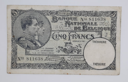 1930 Belgium, Banque Nationale Belgique - 5 (Five) Belgian Francs Banknote Serial NO. N12 811638 P-97