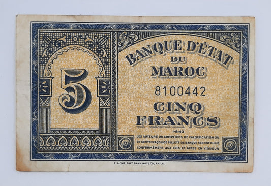 1943 Morocco, Banque D'Etat Du Maroc - 5 (five) Moroccan Francs Banknote Serial No. 8100442 P-24