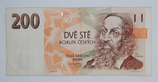 1998 Czech Republic, Ceska Narodni Banka - 200 Czech Korun /Koruna Banknote Serial No. D52 039647 P-19