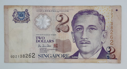 1999 SINGAPORE / Singapura - 2 (Two) Singapore Dollars SGD Banknote Serial No. 0DZ 138262 P-38
