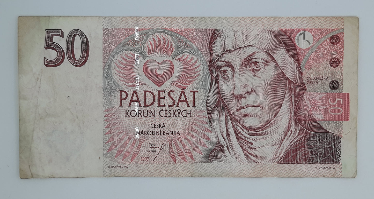 1997 Czech Republic, Ceska Narodni Banka - 50 Czech Korun /Koruna Banknote Serial No. E67 062564 P-17