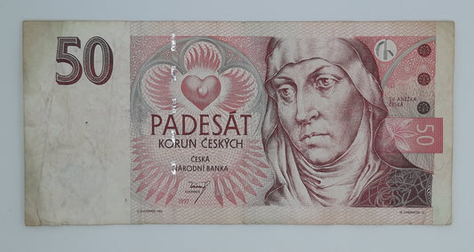 1997 Czech Republic, Ceska Narodni Banka - 50 Czech Korun /Koruna Banknote Serial No. E67 062564 P-17