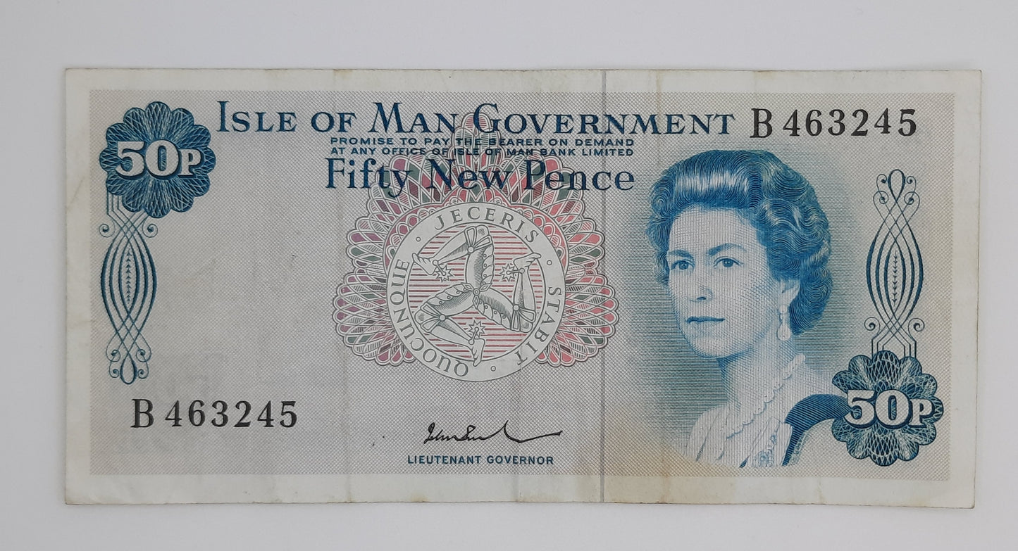 1972 Isle of Man Government - 50 (Fifty) New Pence Banknote Serial No. B 463245 P-28
