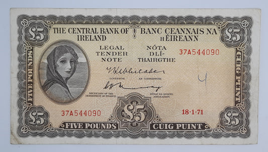 1971 Ireland, The Central Bank of Ireland - 5 (Five) Pounds Banknote Serial No. 37A 544090 P-64
