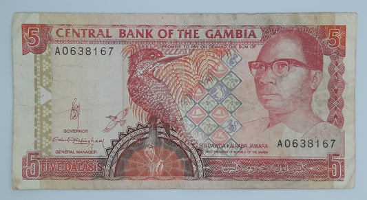 1991 Central Bank of the Gambia - 5 (Five) Gambian Dalasis Banknote Serial No. A 0638167 P-12a