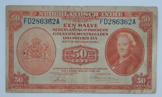 1943 Dutch East Indies, Nederlandsch Indies - 50 Cents / Cent Banknote Serial No. FD 286362 A P-110