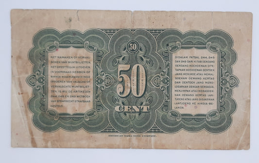 1943 Dutch East Indies, Nederlandsch Indies - 50 Cents / Cent Banknote Serial No. FD 286362 A P-110