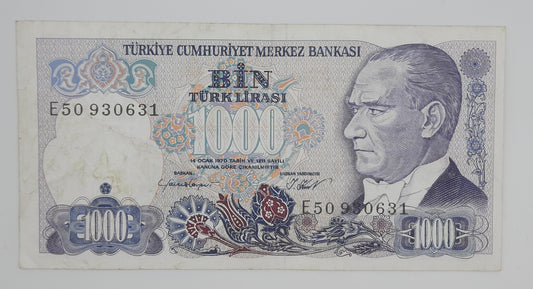 1986 Central Bank of TURKEY - 1000 Lira Banknote Serial No. E50 930631 P-196