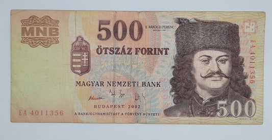 2002 Hungary, Magyar Nemzeti Bank - 500 Hungarian Forint HUF Banknote Serial No. EA 4011356 P-188b