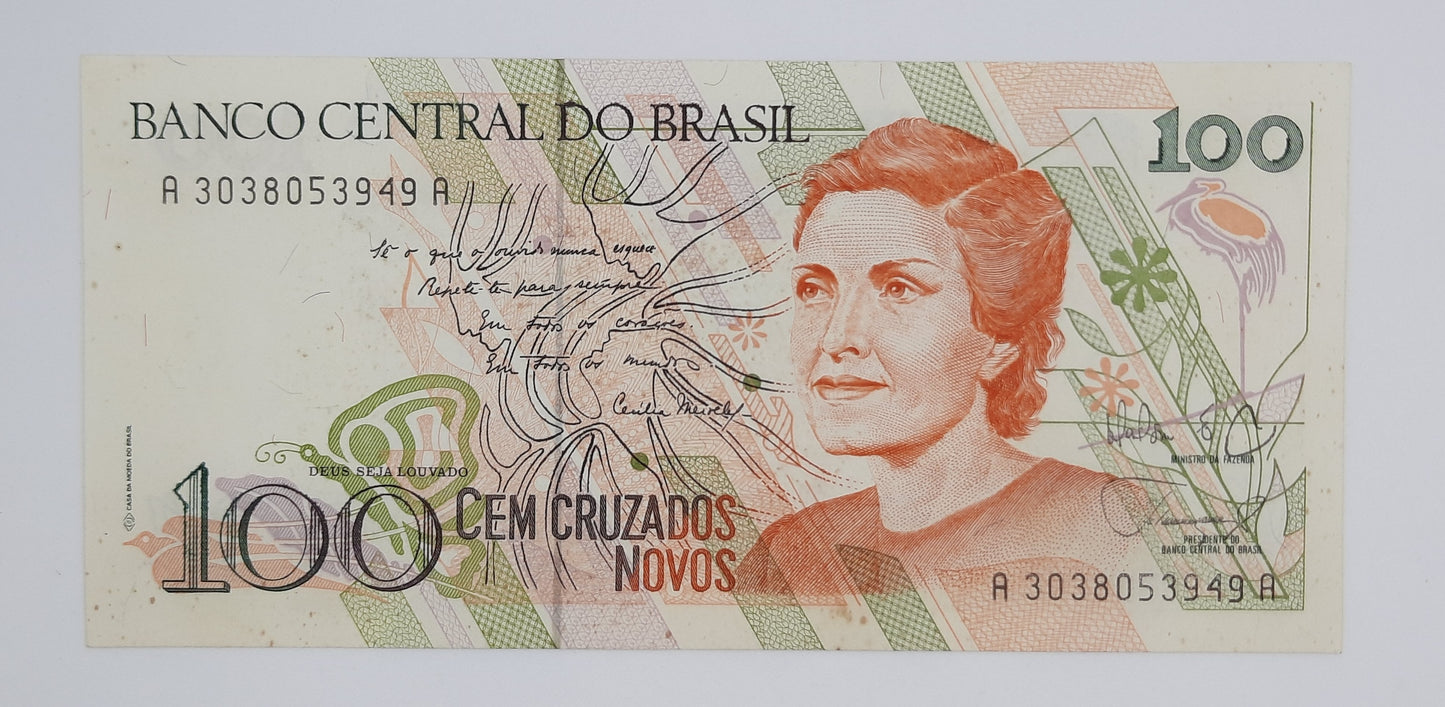 1990 Brazil, Banco Central Do Brasil - 100 Brazilian Cruzados Novos Banknote Serial No. A 3038053949 A P-220