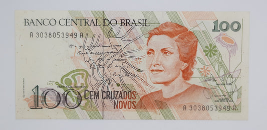 1990 Brazil, Banco Central Do Brasil - 100 Brazilian Cruzados Novos Banknote Serial No. A 3038053949 A P-220